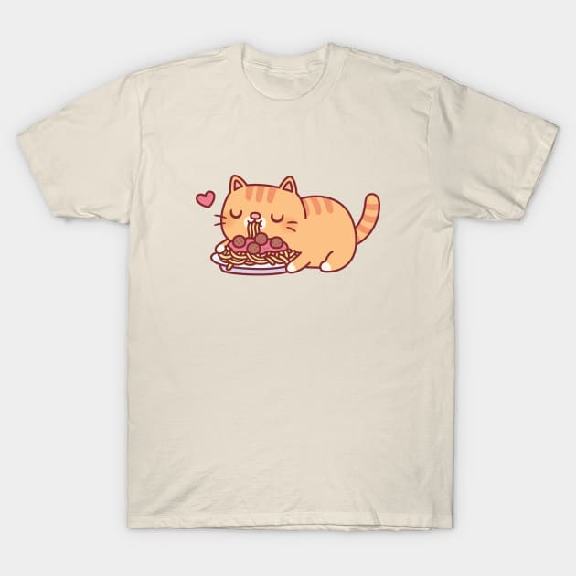 Cute Chubby Orange Tabby Cat Eating Spaghetti Pasta T-Shirt by rustydoodle